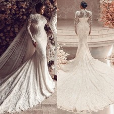 Mermaid Wedding Dress High Neck Fulllace Long Sleeves Sweep Train Bridal Gowns