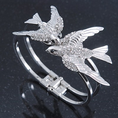 Diamante 'Swallow' Hinged Bangle Bracelet In Rhodium Plating - up to 19cm wrist