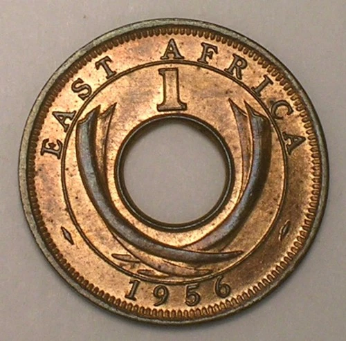 1956 East Africa One 1 Cent WWII Era Elephant Tusks Coin XF