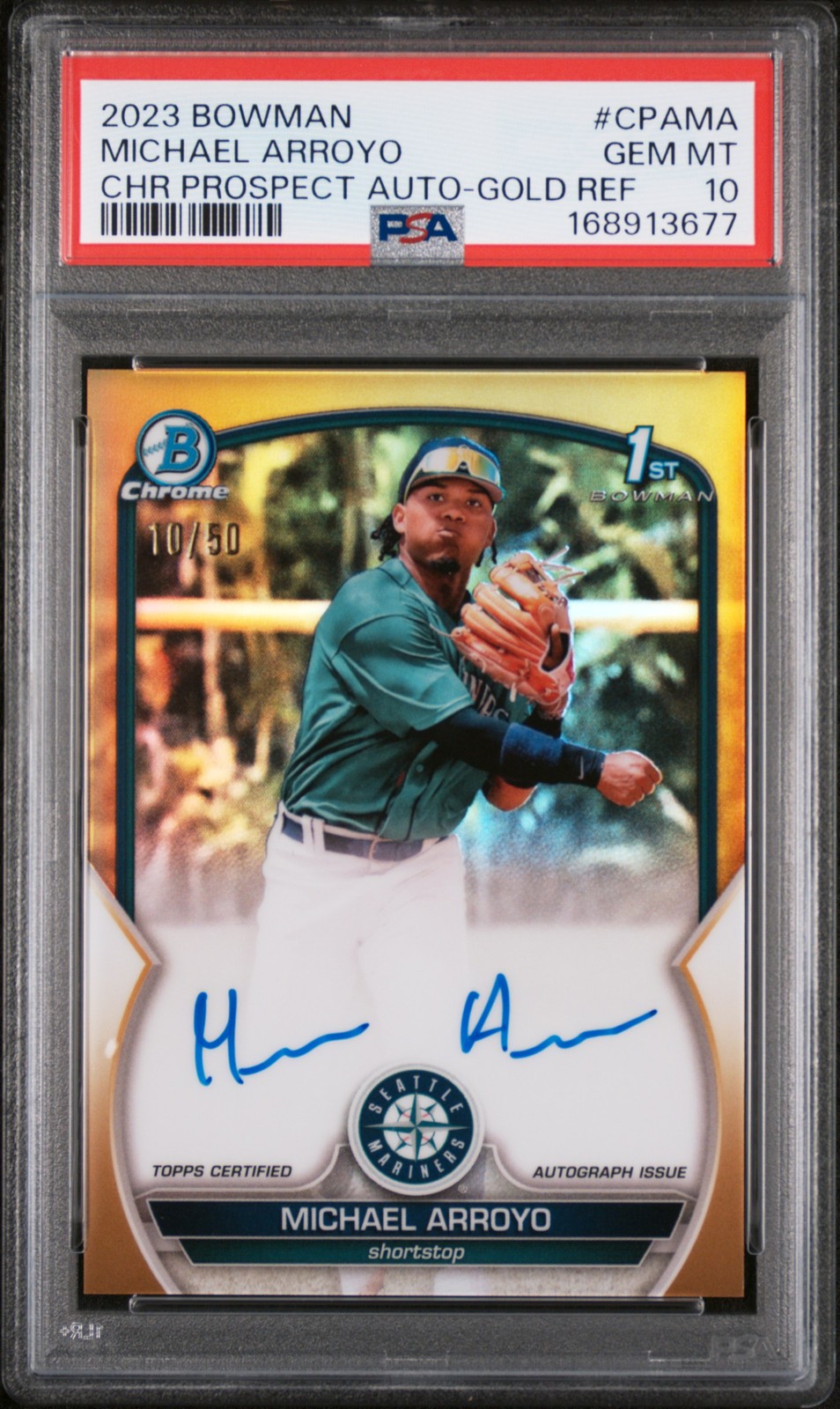 2023 BOWMAN CHROME PROSPECT AUTO GOLD REFRACTOR MICHAEL ARROYO 10/50 PSA 10