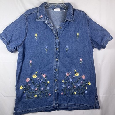 VINTAGE Bobbie Brooks Denim Embroidered Floral SS Button Up Women