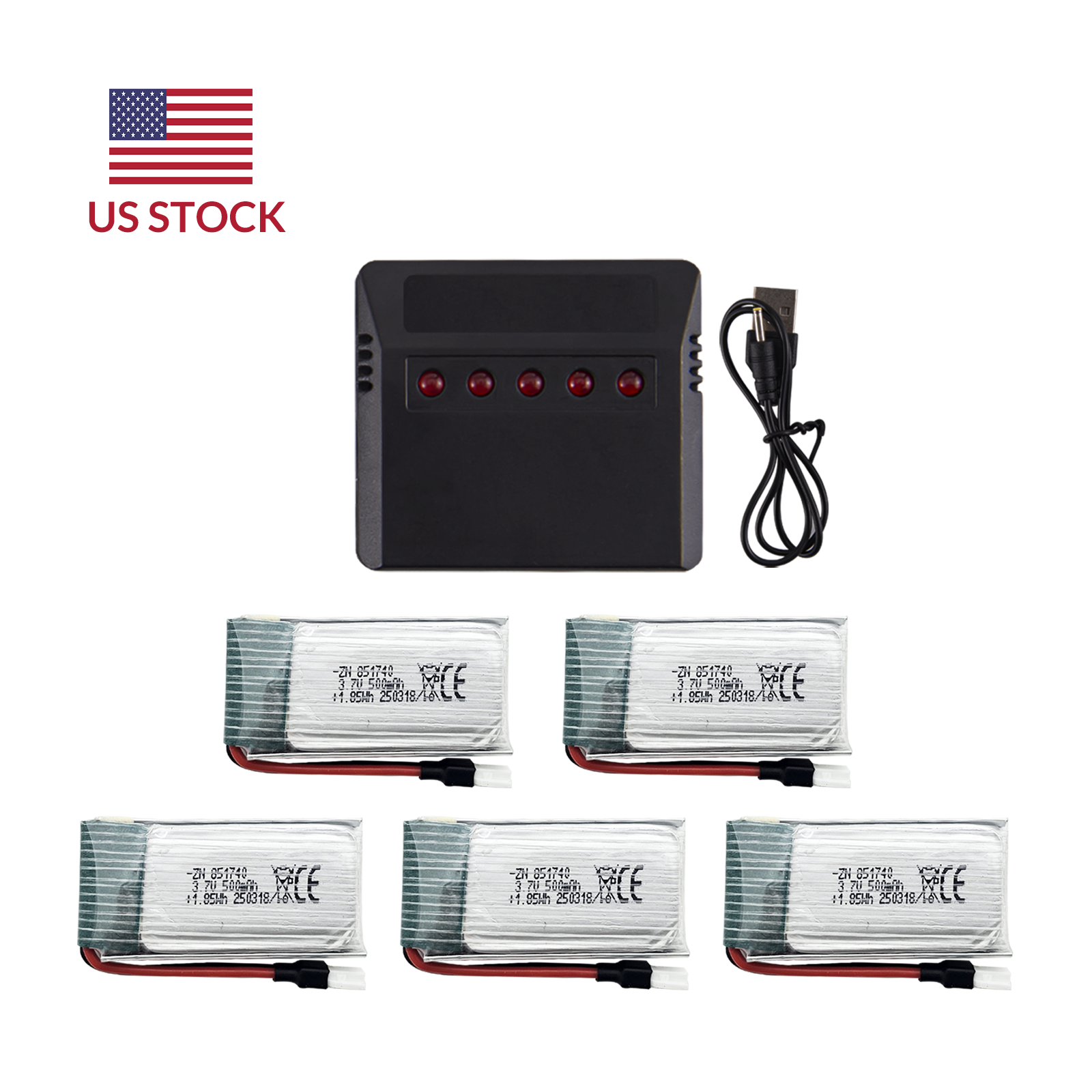 Volantexrc 3.7V 500mAh  Li-Po Battery 5PCS, with Five-Port USB Charger