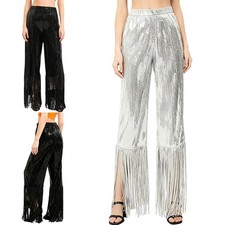 Womens Trousers Dance Pants Fringe Costume Trim Loose Tassel Tango Wide Leg