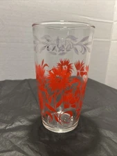 VTG Retro Red Flowers Drinking Glass Kitchen 7”x 4”  Missing Gold Swirls On Top