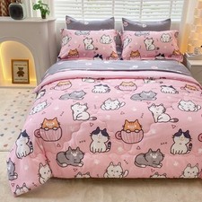 7 Piece Girls Cats Comforter Set Twin Size Bed in A Bag Pink Cute Cartoon Pet...