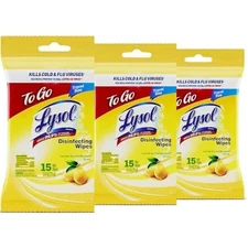 LYSOL Disinfecting Wipes - Travel Pack - Lemon Scent 15 Wipes To Go ( 3-Pack )