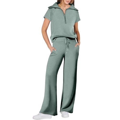 Women's 2 Piece Set Zipper Short Sleeved Sweatshirt Wide-leg Pants Sports Suit - Picture 40 of 57