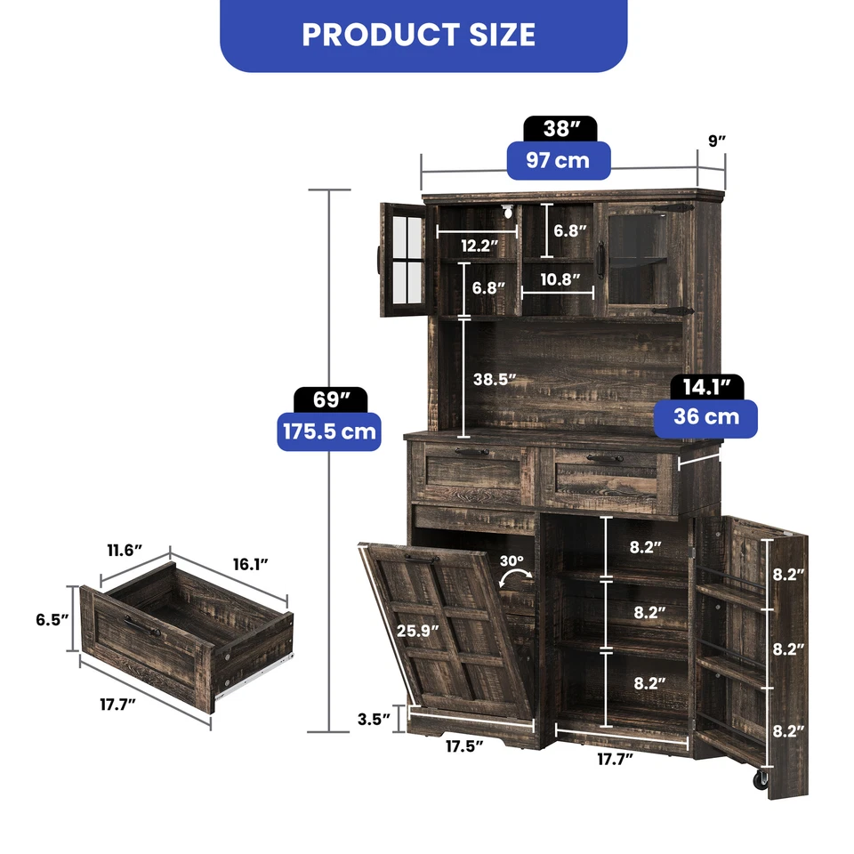 Gabinete de cocina 69" bote de basura despensa almacenamiento estantes ajustables con tomas de corriente Foto 3 de 4