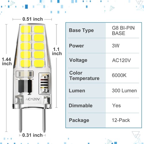 12-Pack G8 Led Bulb Dimmable, 120V T4 Bulb 20W, Daylight White 6000K, under Cabi - Picture 6 of 7