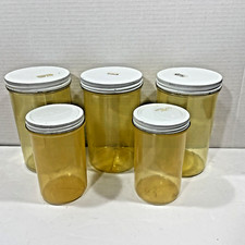 5 Vintage Plastic Jars Screw On Caps 2 Sizes Storage White Lids CRP Yellowed