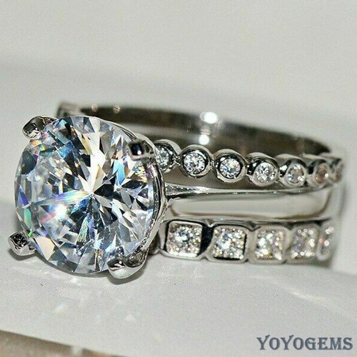 Juego de trío de moissanita corte redondo de 2,50 quilates anillo de compromiso sólido de oro blanco de 14 quilates VVS1 - Imagen 2 de 12