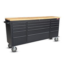 Crytec 72" Black Tool Cabinet Wooden Top 15 Drawer Work Bench Tool Box Chest