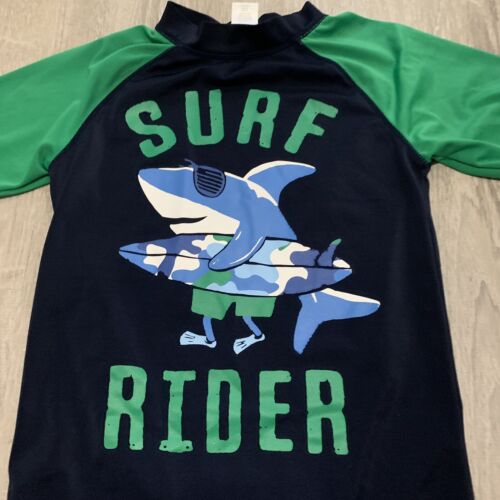 Gymboree Boys Swimwear Top Sz 8 Navy Blue Green Surf Rider Shark Surfboard Beach - Picture 2 of 8