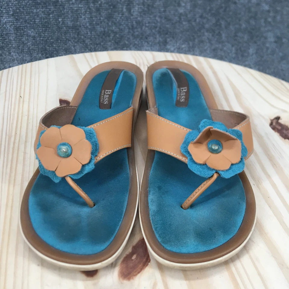 Bass Sandals Womens 9 M Casual Slip On Thong Flip Flops Brown Blue Italy Made - Image 4 of 4