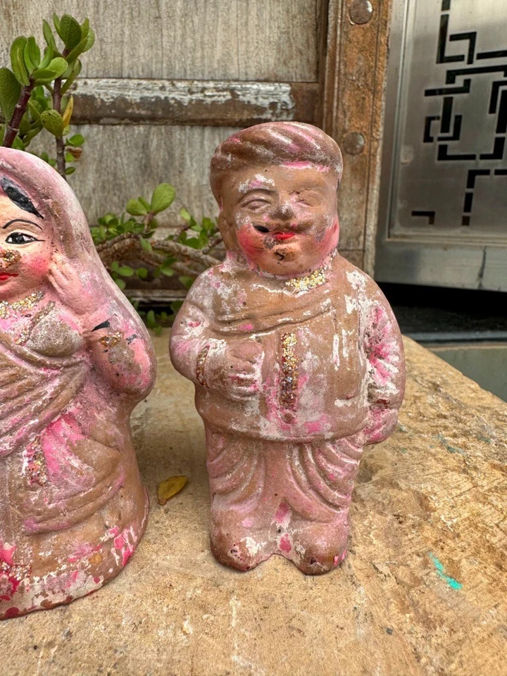 Antigua escultura rara de terracota pintada a mano de hombre indio mujer pareja de colección Foto 3 de 4