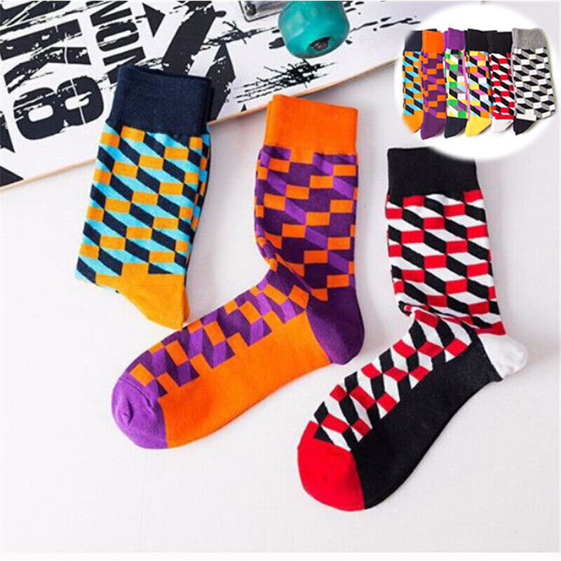 Socks Mens Cotton Socks Bright Coloured Rich Funky Design One Size Stripes Plaid-image