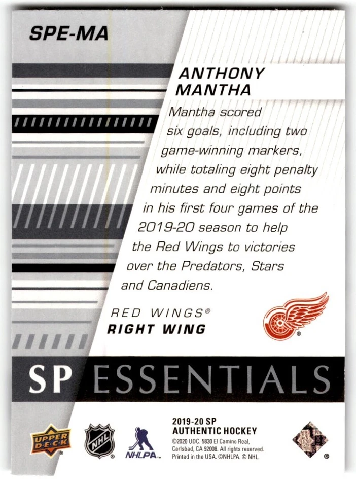 2019-20 SP Authentic Essentials Anthony Mantha #SPE-MA Detroit Red Wings - Image 2 of 2