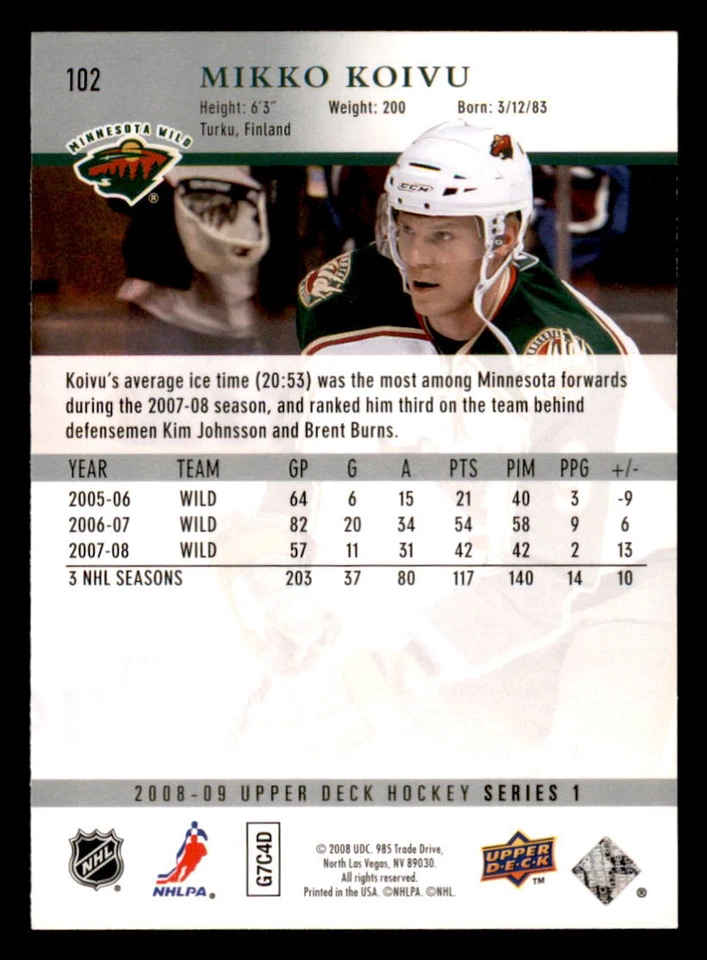 2008-09 Upper Deck #102 Mikko Koivu Minnesota Wild - Image 2 of 2