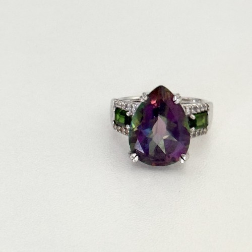 925 Sterling Silver Large Genuine Mystic Topaz Pear Statement Ring Size 6.75 - Imagen 3 de 12