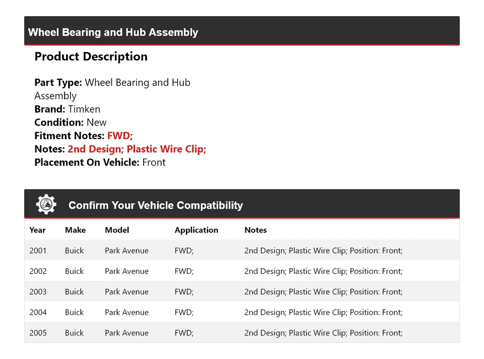 For 2001-2005 Buick Park Avenue FWD Wheel Bearing and Hub Assembly Front Timken - Image 2 of 4