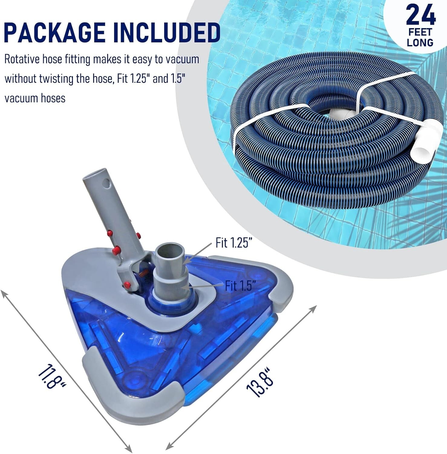 Durable 1-1/2" x 24ft Pool Vacuum with Weighted Head for Immaculate Cleaning