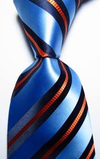 New Classic Striped Sky Blue Black Orange JACQUARD WOVEN Silk Men's Tie Necktie