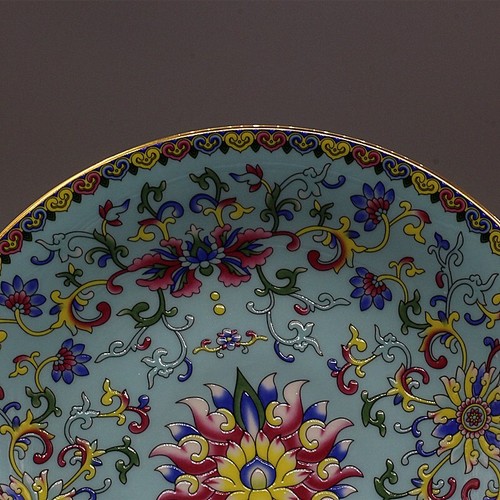 7.5" Chinese Colour Enamels Porcelain Green Area Lotus Flower Branch Plate - Picture 8 of 12