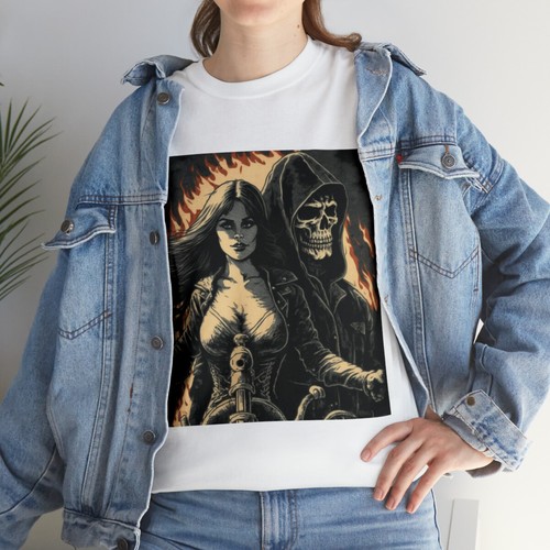 Vintage Style Biker T Shirt Motorcycle Pin Up Babe Grim Reaper Flames Skull 3D - Picture 18 of 21