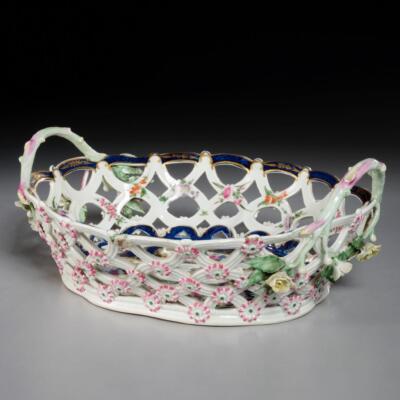 First Period Worcester Large Blue Scale Floral Porcelain Basket 18th C Antique
