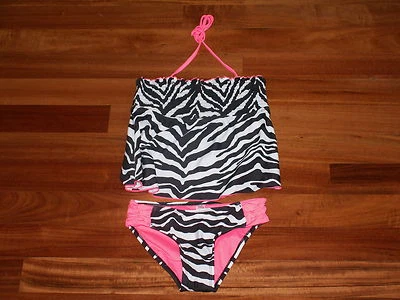 NWT JUSTICE GIRL SWIMSUIT 2 PC TANKINI PEACH BLACK & WHITE ZEBRA SZ 10 1/2 10H - Photo 1/2