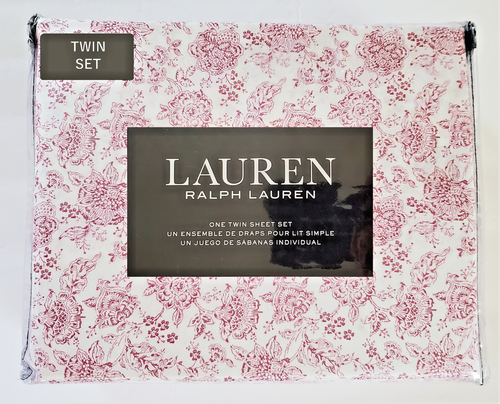 Lauren Ralph Lauren TWIN Sheet Set Floral Toile Red on White 3-Piece 100% Cotton