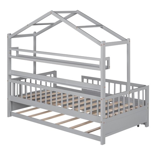Wooden Twin Size House Bed with Trundle and Storage, Kids Bed with Shelf, Gray - Picture 10 of 15