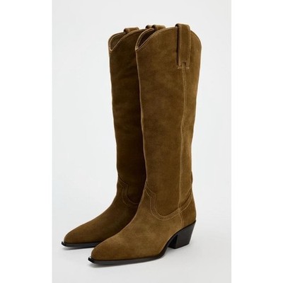 ZARA Slouchy Suede Pull-On Knee-High Western Boots in Brown   EU 38 (US 8)