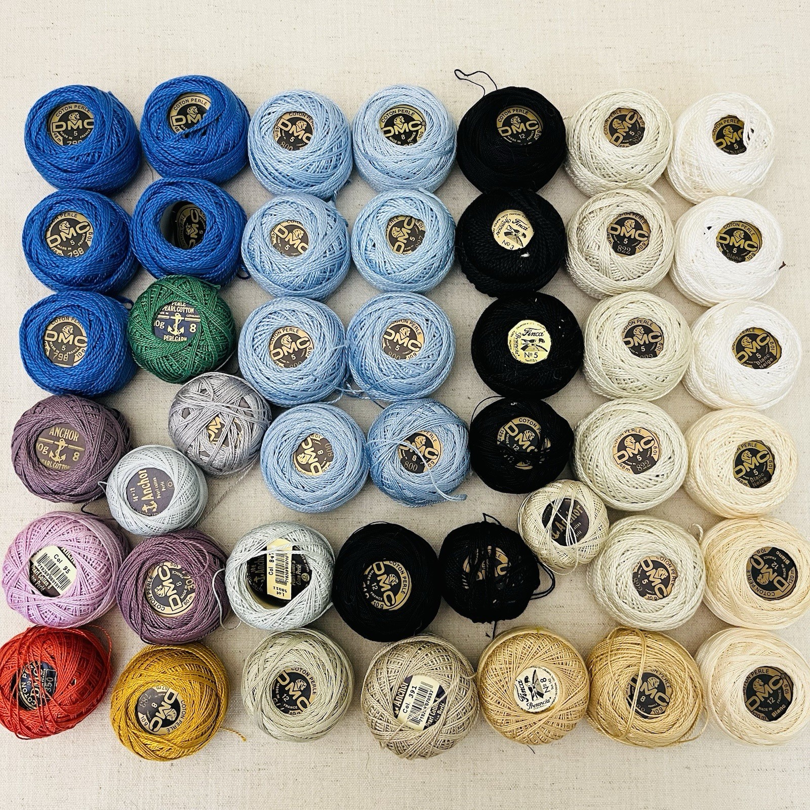 DMC Cotton Perle Balls LOT OF 44 Sizes 3 5 8 12 Multicolor Mix Mostly Full Skein