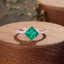 Lab-Created Emerald Ring, 925 Sterling Silver Engagement Ring, Gift For Her