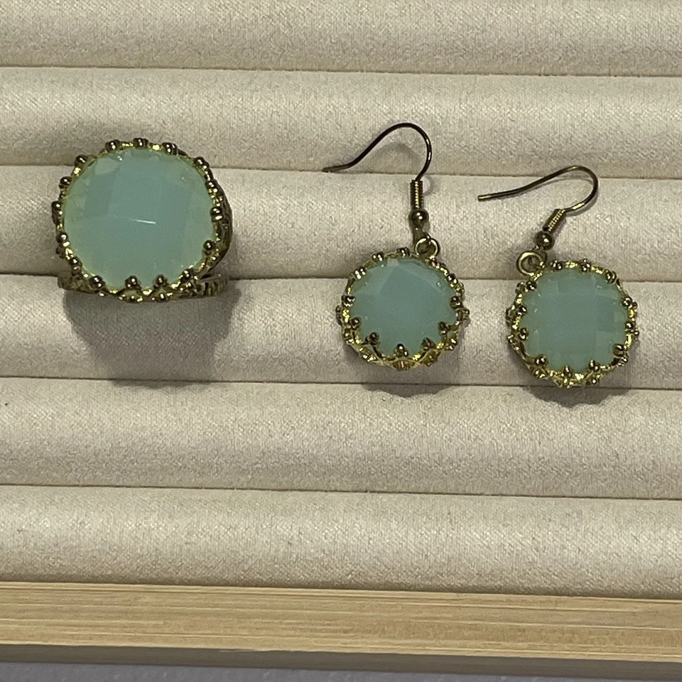 Calcedônia - Coroa Redonda - Espuma do Mar Aqua - Vintage - Joias de Pedra Preciosa Dourada - NOVO - Imagem 4 de 4