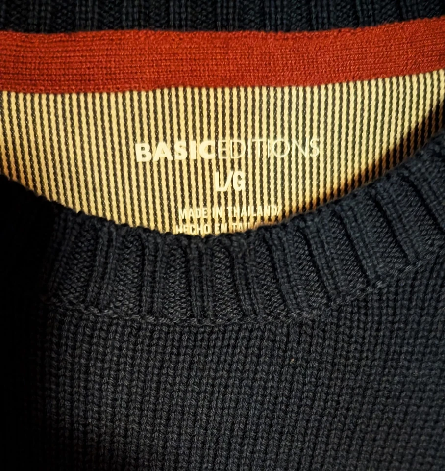 Men's Knit Sweater NEW WT Large Long Sleeve Dark Blue Basic Editions PET RESCUE - Image 4 of 4