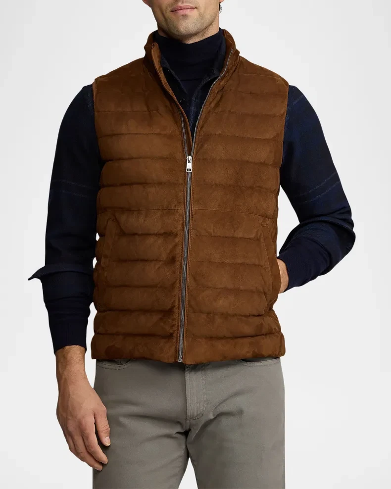 Dark Brown Suede Leather Quilted Puffer Vest for Men Size XS S M L XL XXL 3XL
