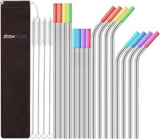 Set of 16 Reusable Stainless Steel Straws with 21 Piece Assortment, Silver