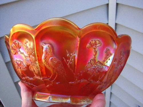 VERY SCARCE LARGE DARK MARIGOLD NORTHWOOD SINGING BIRDS CARNIVAL GLASS BOWL