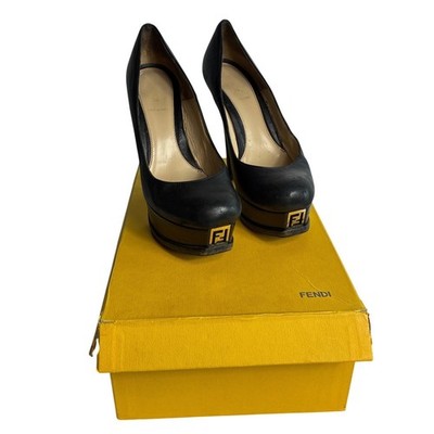 Fendi Black Leather Zucca Logo Platform Pumps Heels Made in Italy Size 37.5