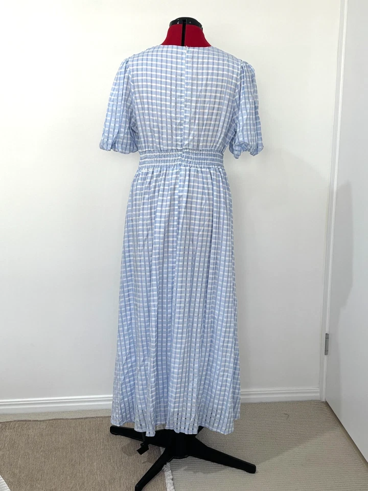 Vestido de verano para mujer talla XL azul a cuadros cuello en V mangas abullonadas plisado ajustado Foto 2 de 4