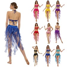 Women Skirt Multi Color Outfit Sparkly Bra Top Padded Belly Dance Waist Chain