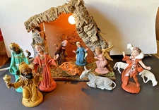 Vintage Christmas 11 Piece Rubber Nativity Set Wood Creche Manger Marked Italy
