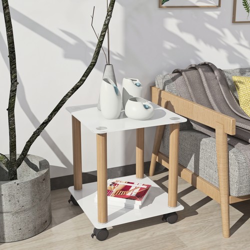 2 Layers Tempered Glass End Side Table 15.7" Square Corner Night Table w Wheels - Picture 8 of 13
