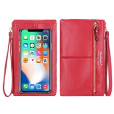 Women Leather Wristlet Wallet with Touch Screen Cell Phone Holder Zipper Handbag