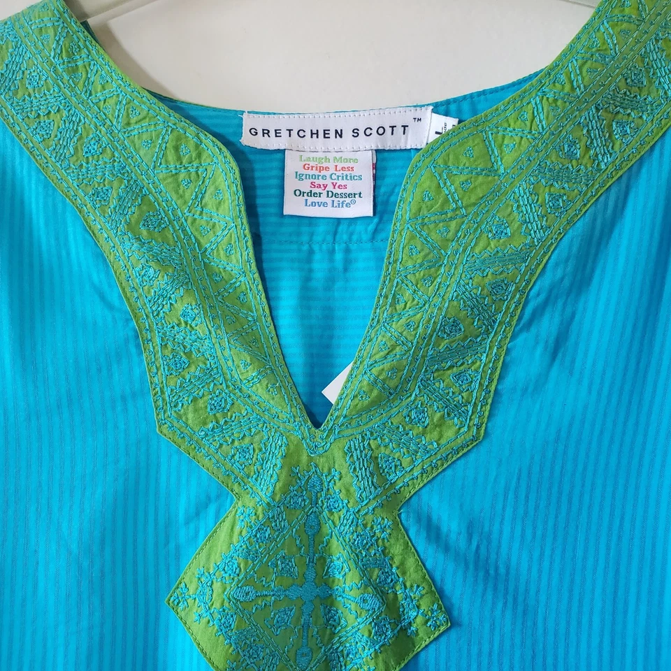 Túnica Gretchen Scott Mujer L Algodón Brillante Bordada Azul Verde Boho Hippie  Foto 4 de 4