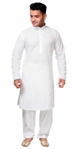 Men White indian kurta pyjama shalwar kameez in Cotton Causal Asian wear UK 729 - Afbeelding 1 van 3
