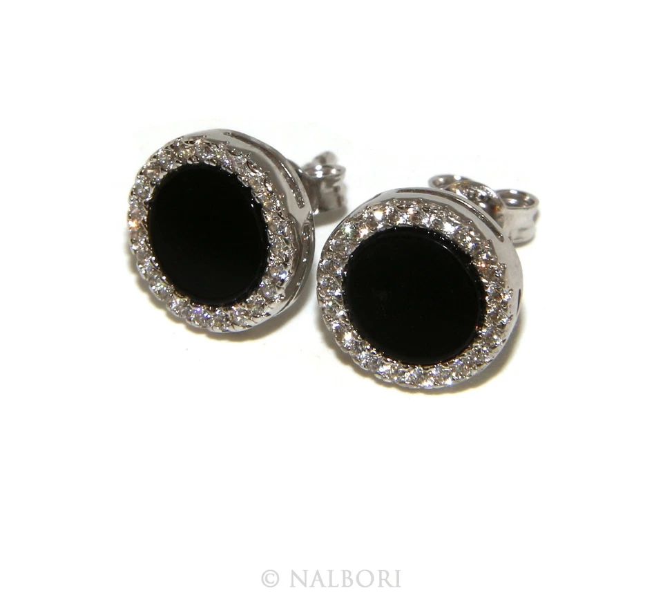 orecchini argento 925 bottone onice nero cornice zirconi bianchi brillanti 10mm - Immagine 2 di 4