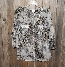 Jaclyn Smith L Top Blouse Animal Print V Neck Black White Gray Tan Sheer